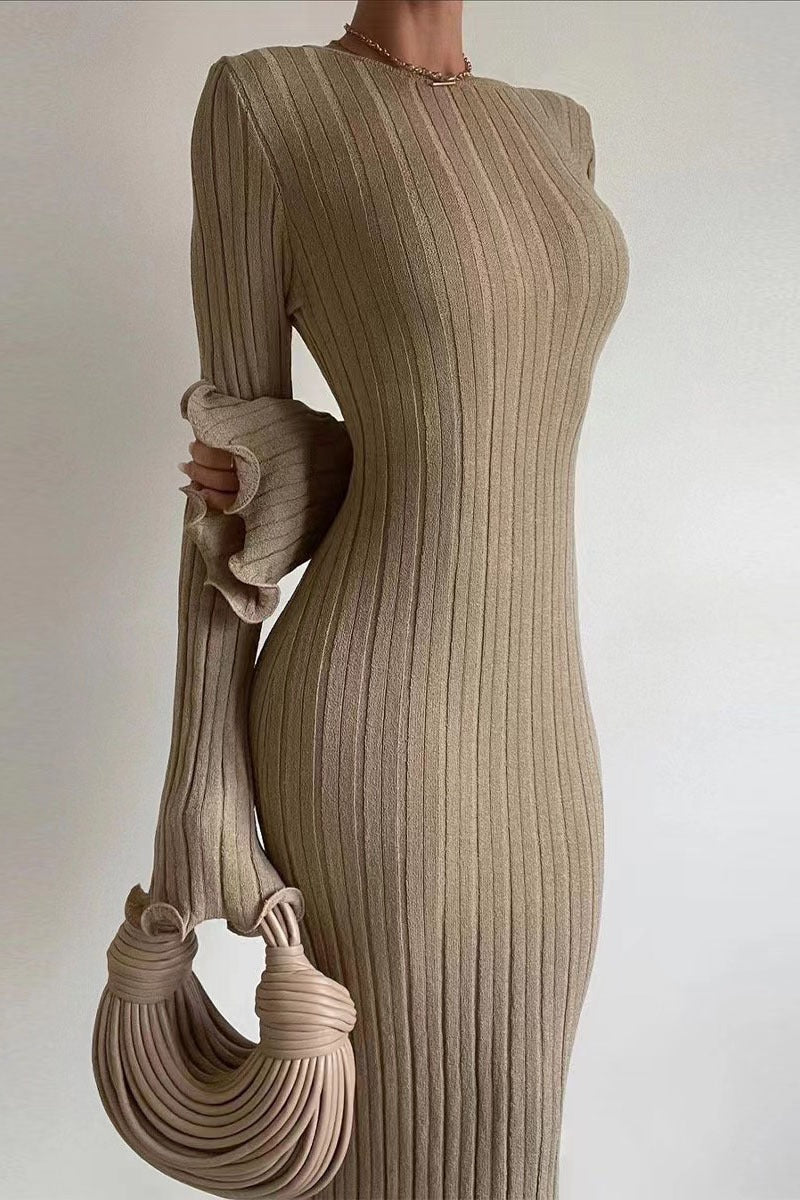 Bodycon Ruffled Long Sleeve Knit Maxi Sweater Dress - VelvetHem