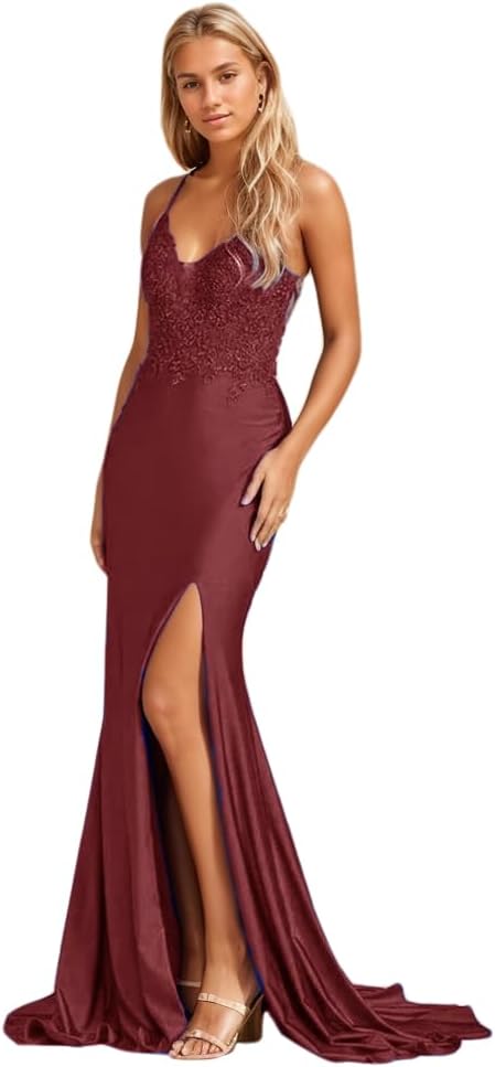 Women's Lace Applique Mermaid Prom Dresses Long with Slit Stretchy Satin V Neck Formal Evening Gown - View 14 | VelvetHem