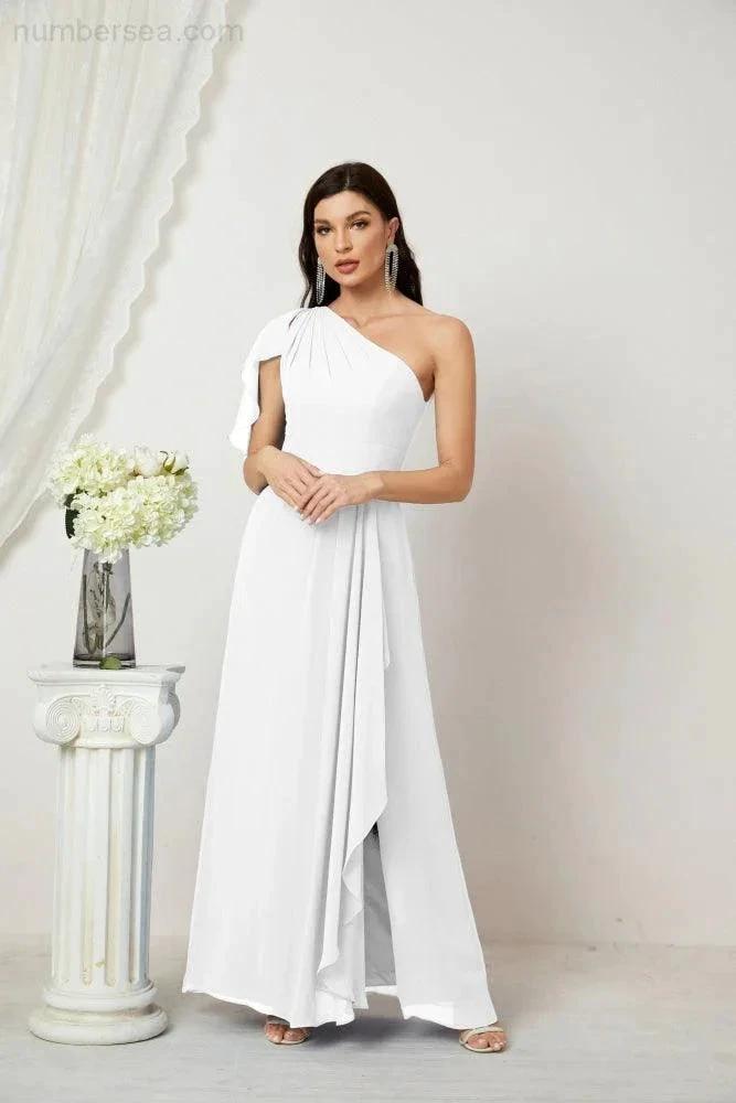 ZapDress Chiffon Ruffled One Shoulder Long Bridesmaid Dresses A-line Formal Evening Gown Side Split 2809 (ZD17049)
