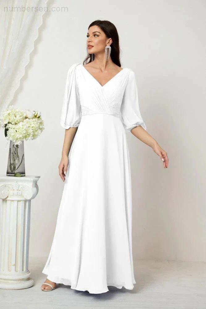 ZapDress Formal Prom Gown Women V-Neck Chiffon Bridesmaid Dresses Long Bishop Sleeve Party Dress 2807 (ZD17027)