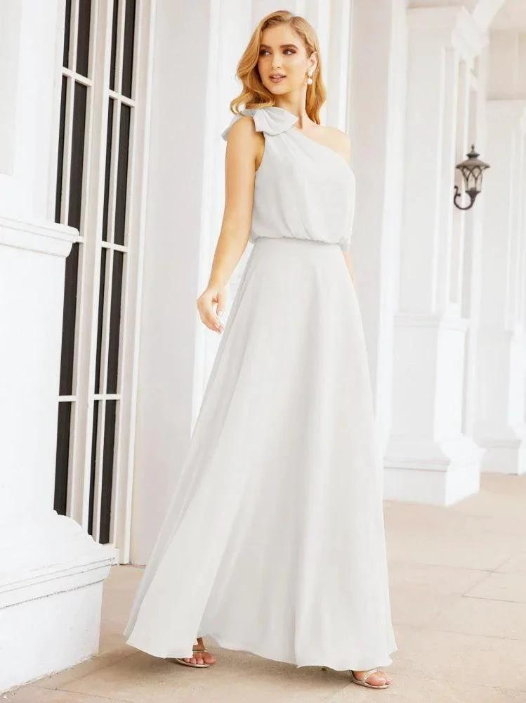 Numbersea Chiffon Ruffled One Shoulder Sleeveless Long Bride Dresses A-line Formal Evening Gown Side Split 28057 by numbersea