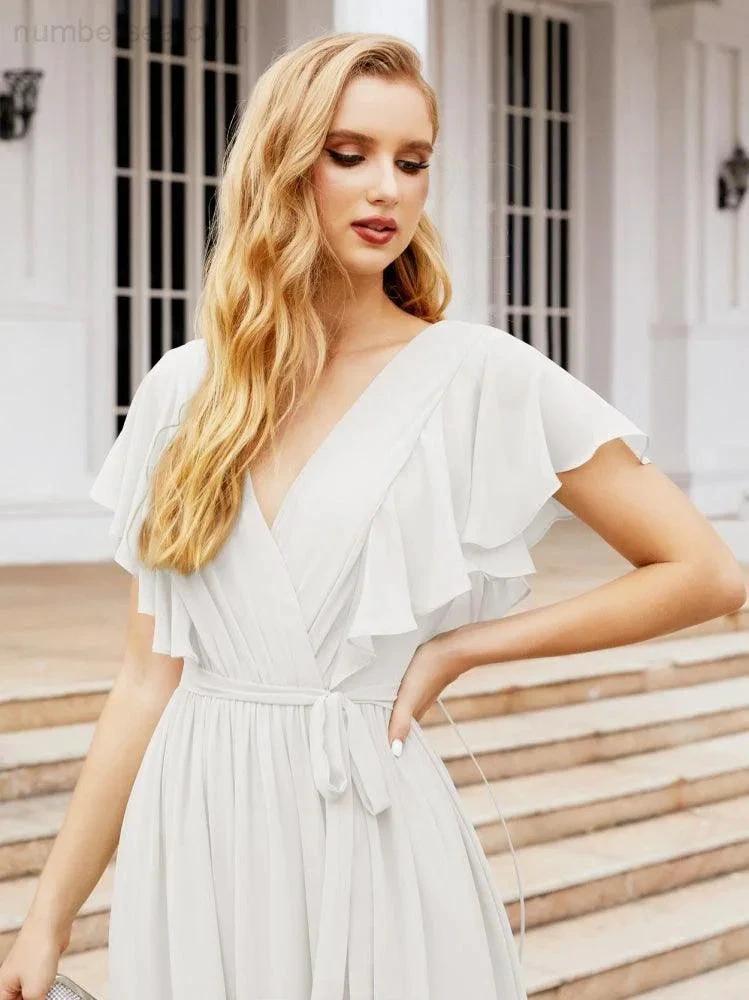 ZapDress Women's Open Back Formal Evening Party Prom Gowns V-Neck Long Chiffon Bridesmaid Dresses with Waist Belt 28038 (ZD17000)
