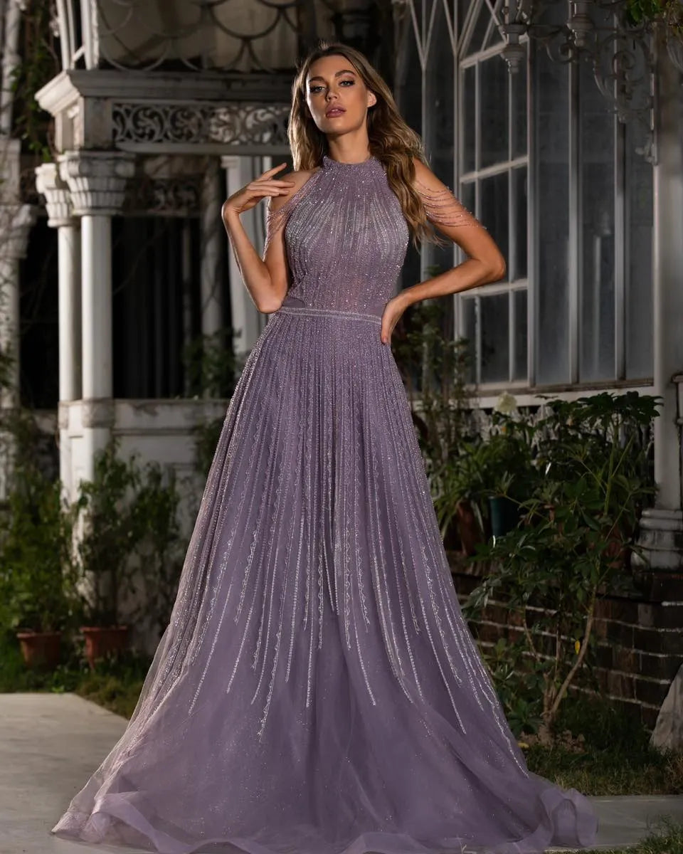 Elegant Purple Prom Dress A-Line Halter Sequineds Sleeveless Ruched Formal Evening Dress Floor Length Party Gown