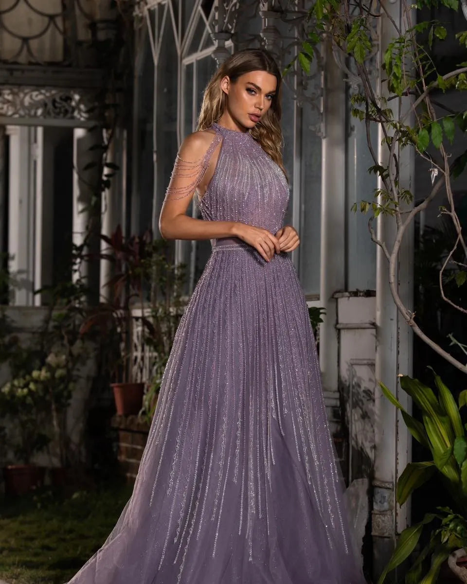 Elegant Purple Prom Dress A-Line Halter Sequineds Sleeveless Ruched Formal Evening Dress Floor Length Party Gown