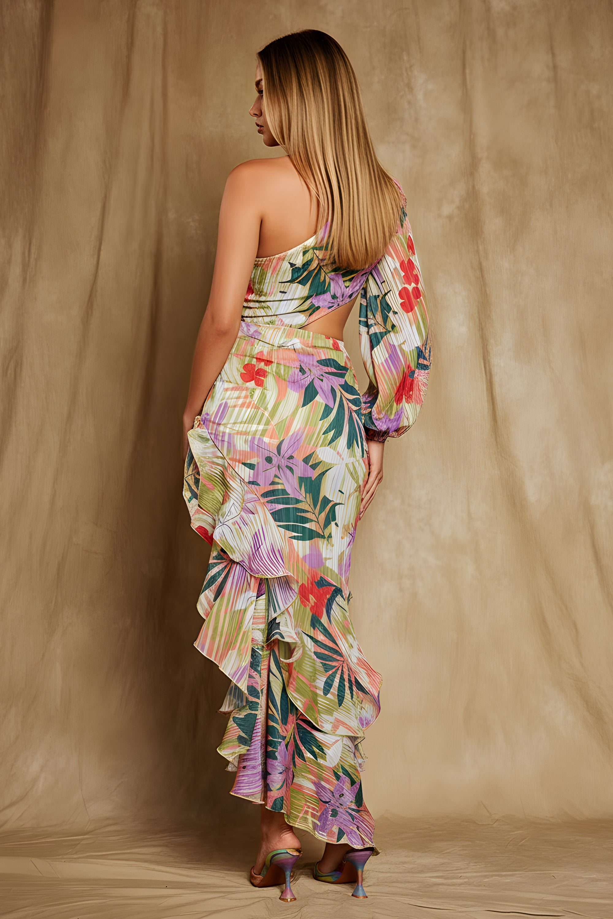 Tropical Floral One-Shoulder High-Low Dress with Ruffle Trim
