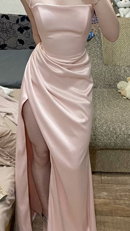 Simple Pink Long Prom Dress With Slit Satin Evening Dress J8272
