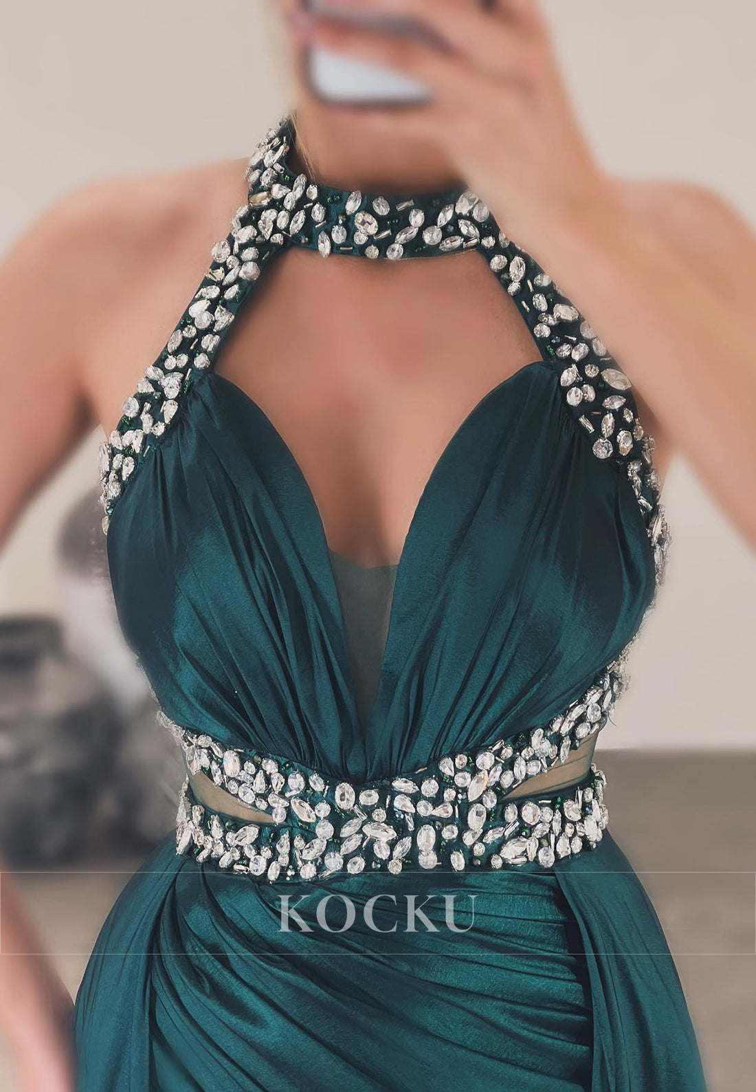 L3084 - Elegant & Luxurious V-Neck Rhinestone Halter A-Line Backless Satin Evening Party Prom Dress