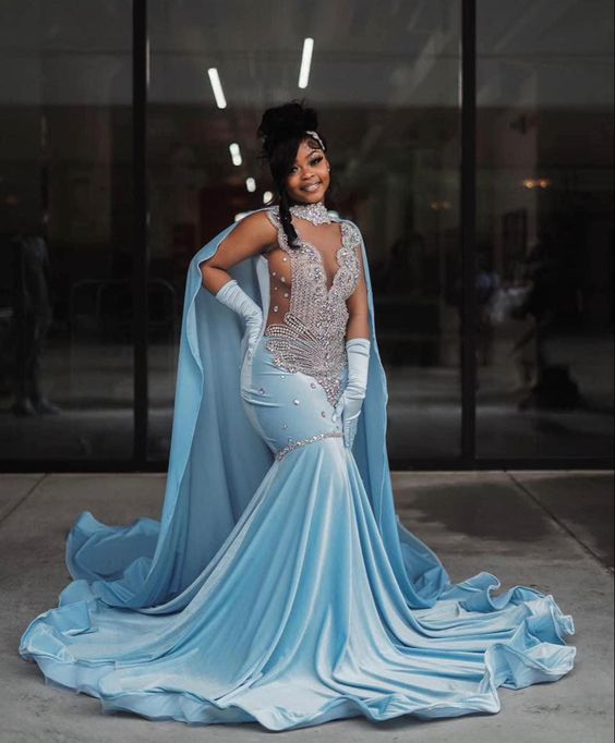 Sky Blue Velvet Silver Crystal Evening Dress Luxurious Evening Gown Y5764 - View 3 | VelvetHem