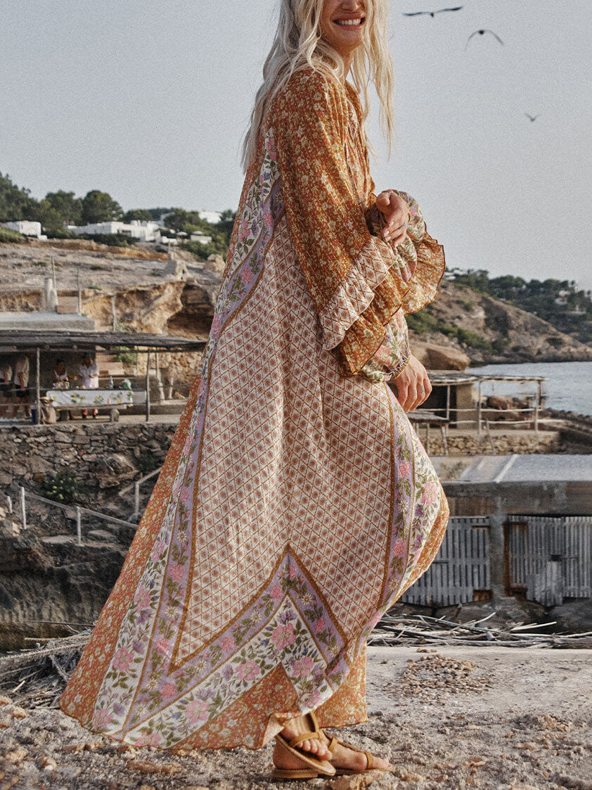 Unique Bohemian Print Long Sleeve Robe Midi Dress - Fashionpara
