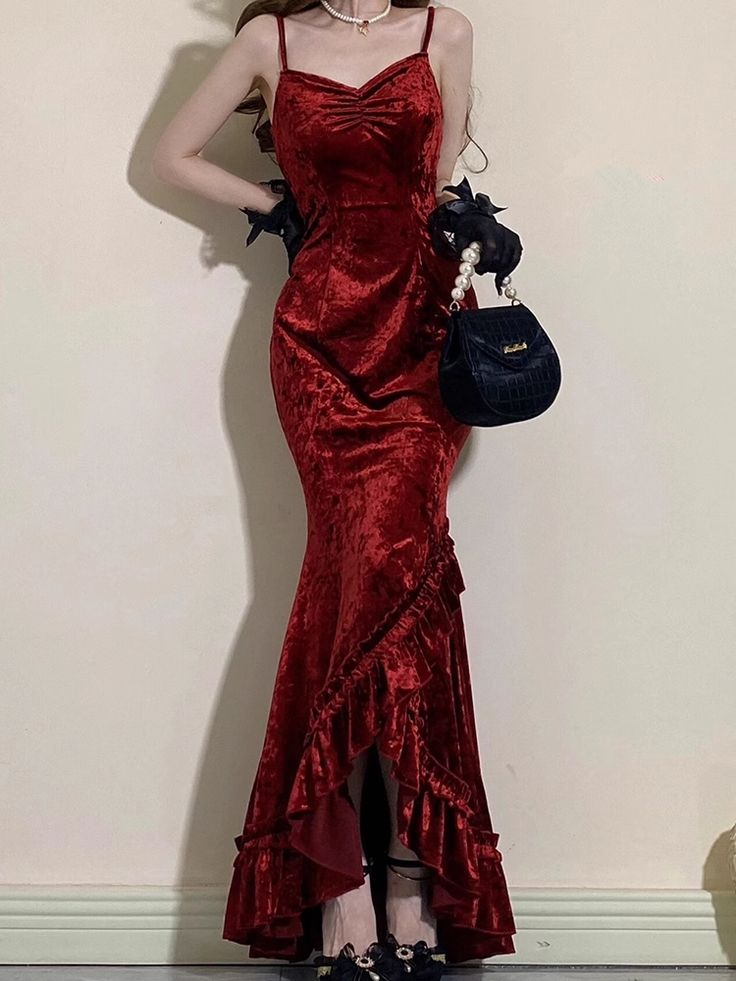 Vintage Burgundy Mermaid Ruffles Prom Dress Spaghetti Straps Long Party Dress Evening Dress - View 2 | FashionDia
