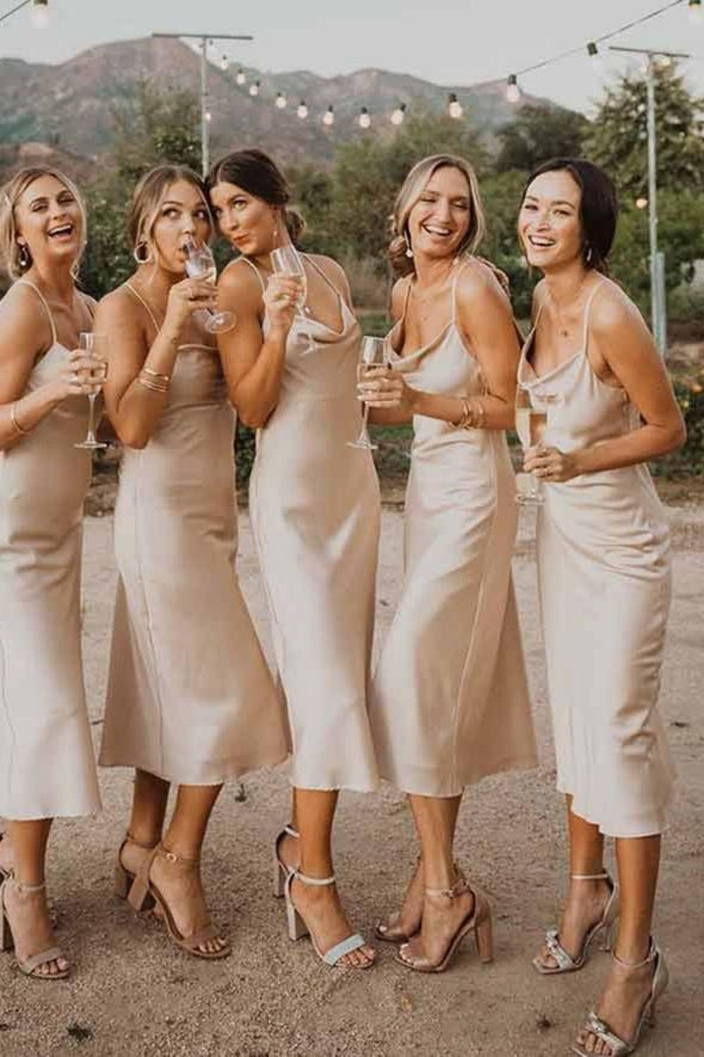 Simple Sheath Spaghetti Straps Light Champagne Tea Length Bridesmaid Dress