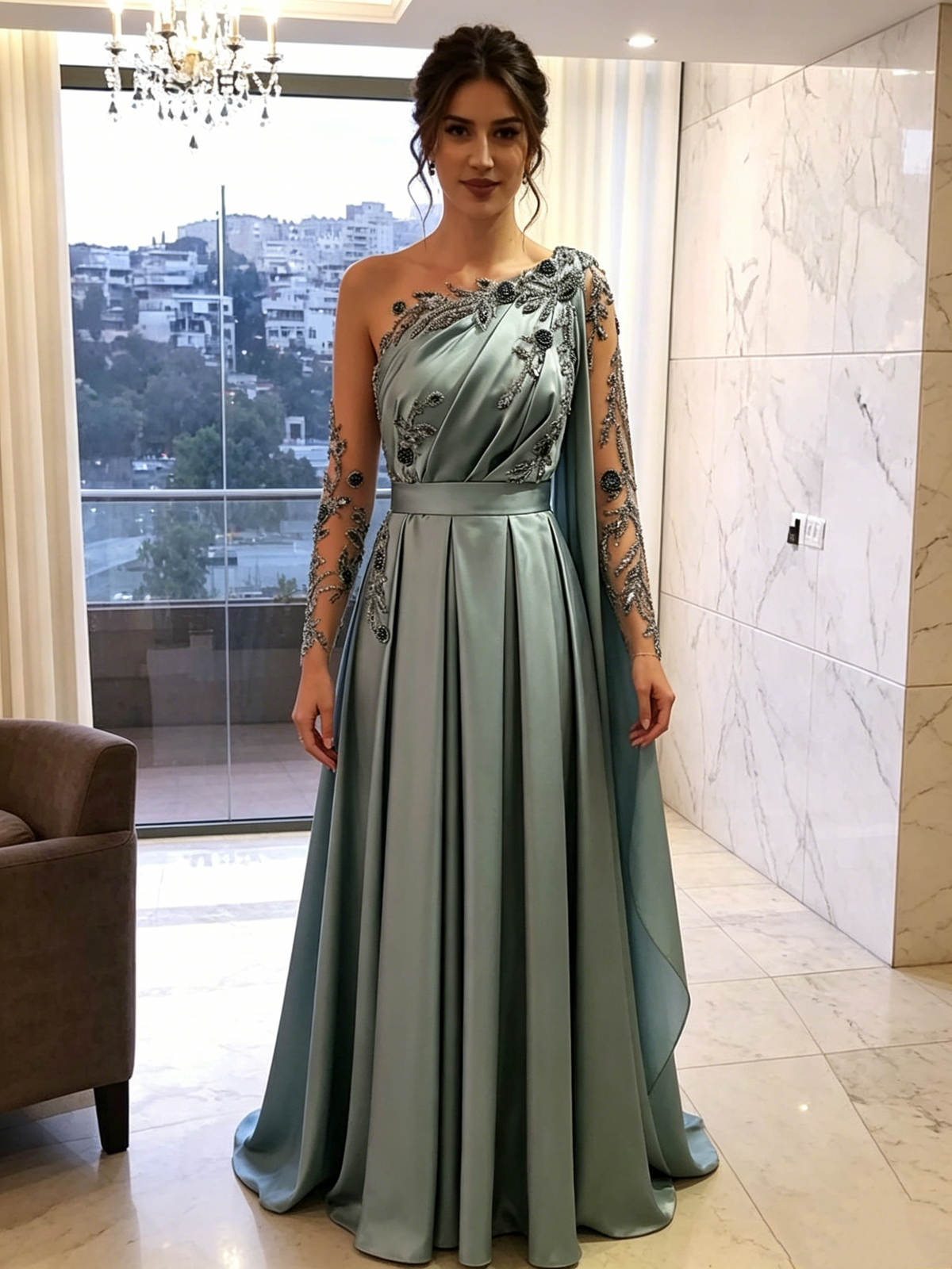 Evening Dresses One-Shoulder Full Length Satin A-Line Long Sleeves Formal Party Dress Prom Gown - View 5 | FashionDia