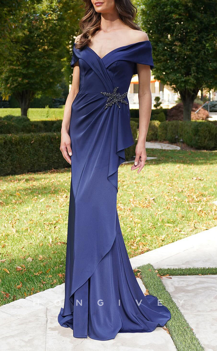 HM230 - Trumpet Off-Shoulder Beaded Appliques Mother of the Bride Dress