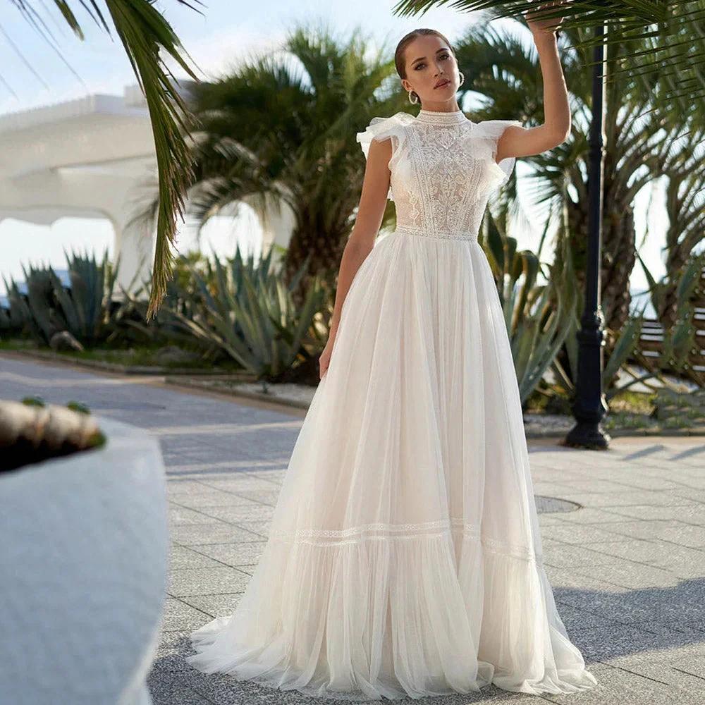 High Neck Sleeveless Wedding Dresses Lace Appliques A Line فساتين السهرة Sweep Train Bohemian New Vestidos De Novia by payinti