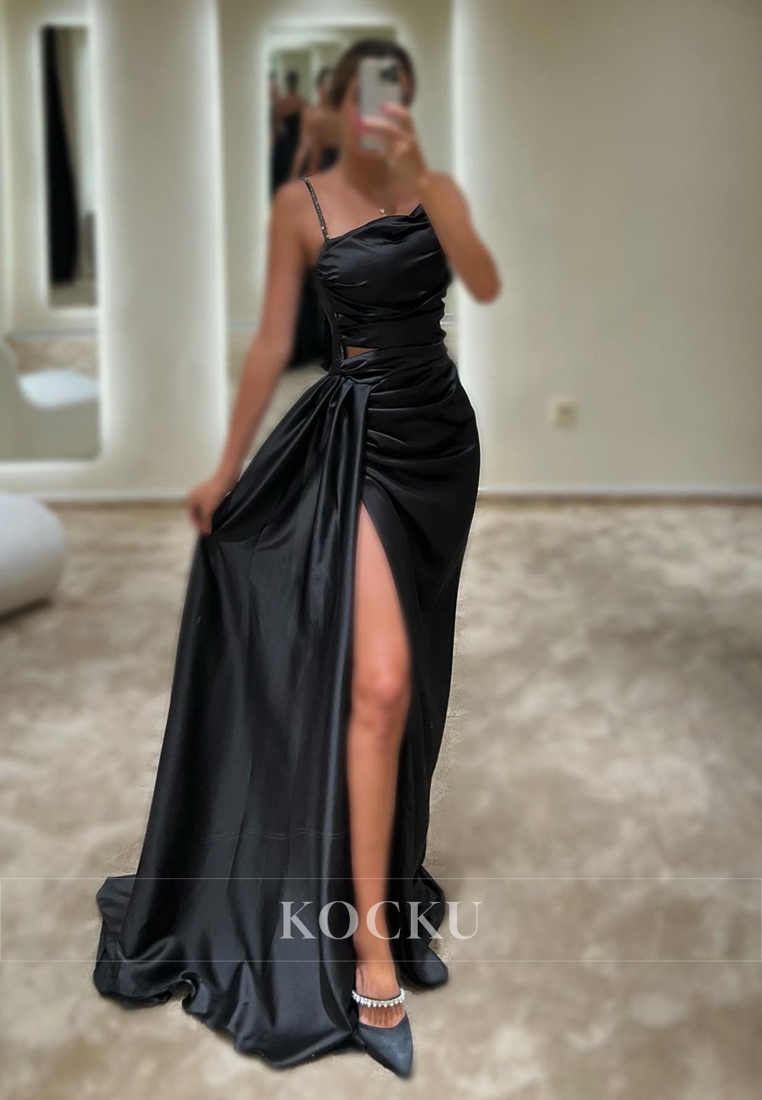 L3080 - Elegant & Simple Ruched Straps Straps Satin Evening Party Prom Dress With Split