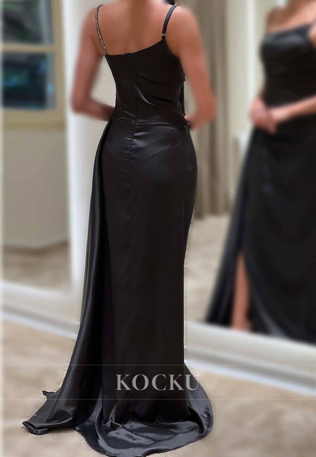 L3080 - Elegant & Simple Ruched Straps Straps Satin Evening Party Prom Dress With Split
