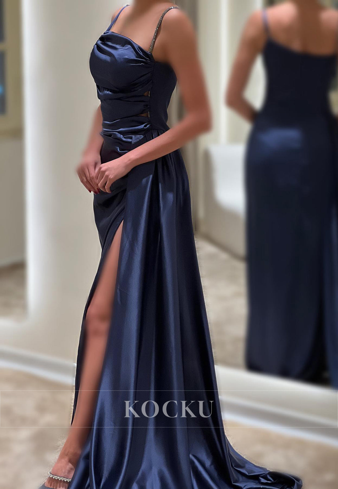 L3080 - Elegant & Simple Ruched Straps Straps Satin Evening Party Prom Dress With Split
