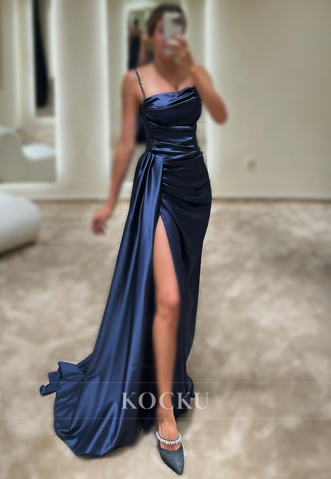 L3080 - Elegant & Simple Ruched Straps Straps Satin Evening Party Prom Dress With Split