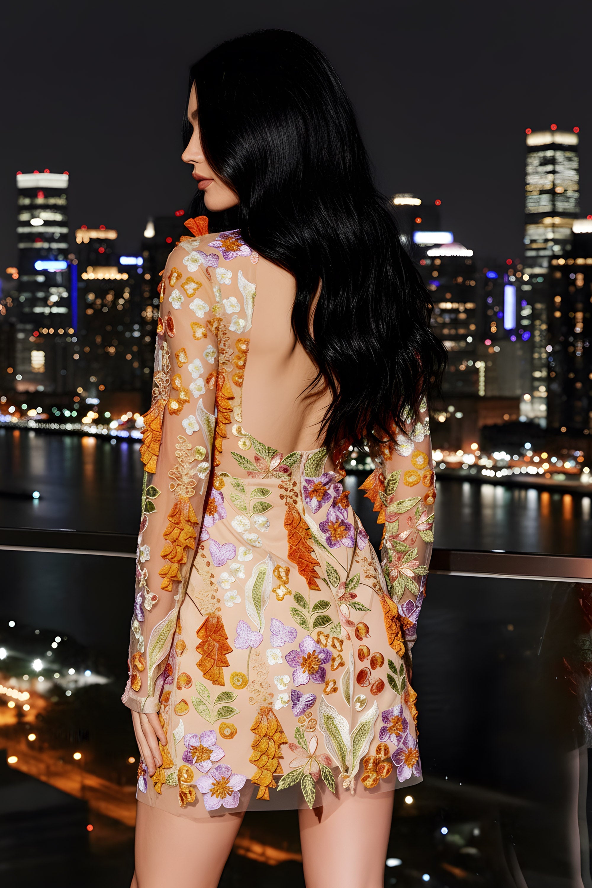 Sheer Floral Embroidered Open Back Long Sleeve Mini Dress