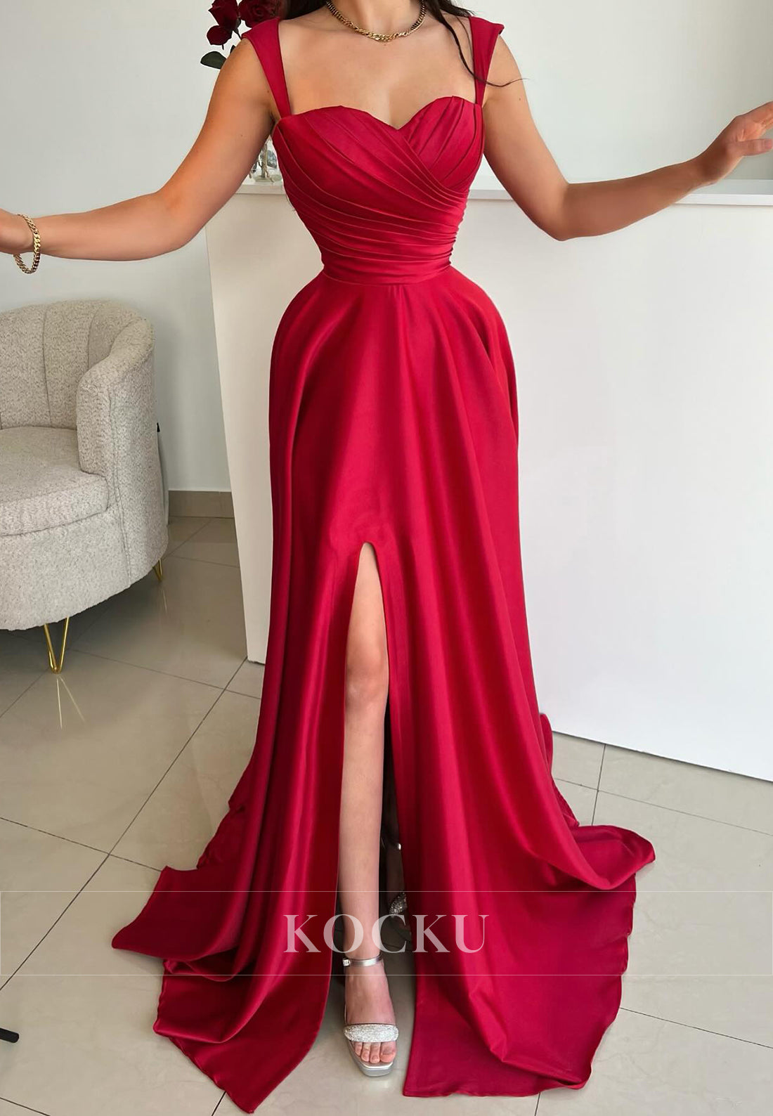 L3091 - Classic & Timeless Straps Sweetheart A-Line Satin Evening Party Prom Dress With Split