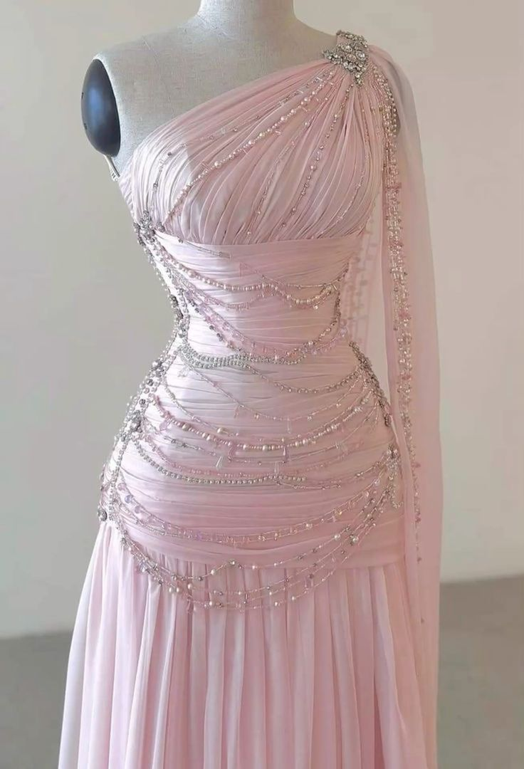 Vintage One-Shoulder Pink Beaded A-Line Chiffon Evening Dress Elegant Prom Dress - View 5 | FashionDia