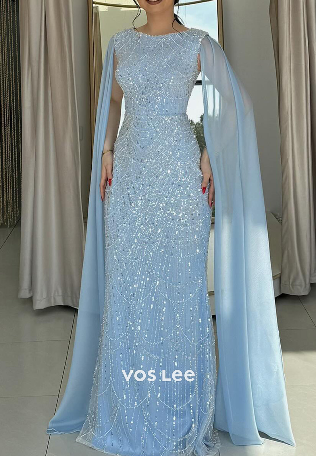 Elegant Scoop Column Floor-Length Beading Sequins Formal Evening Dresses