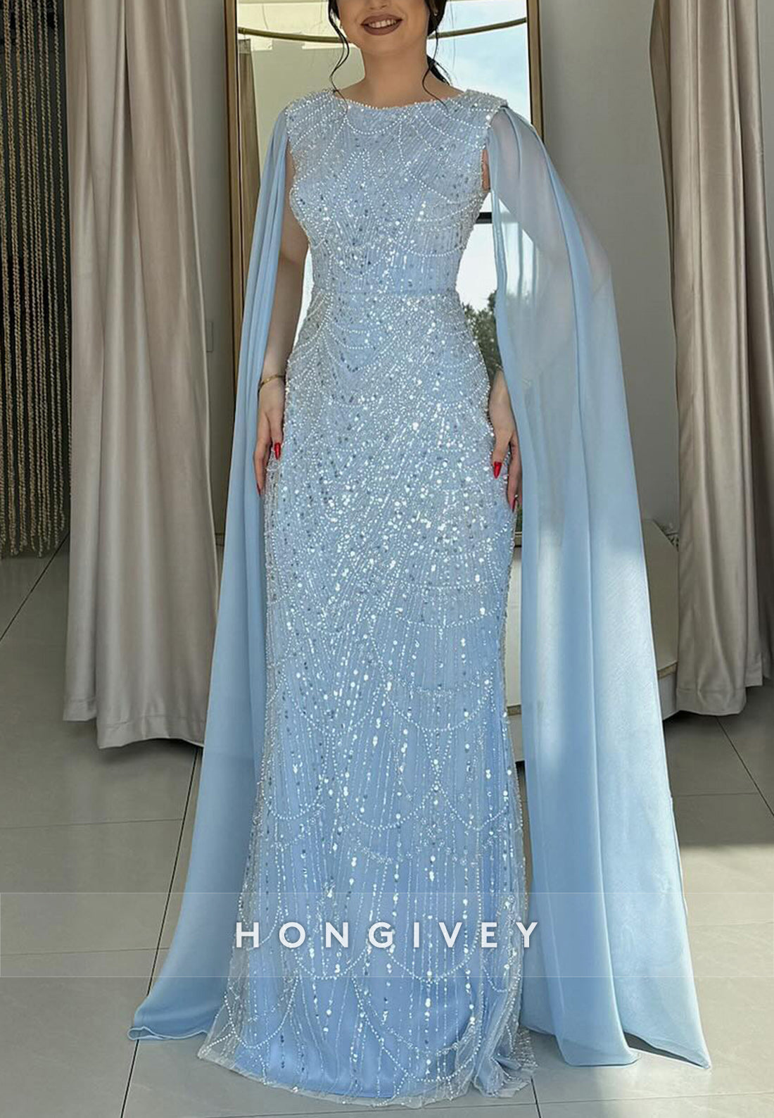 Elegant Scoop Column Floor-Length Beading Sequins Formal Evening Dresses