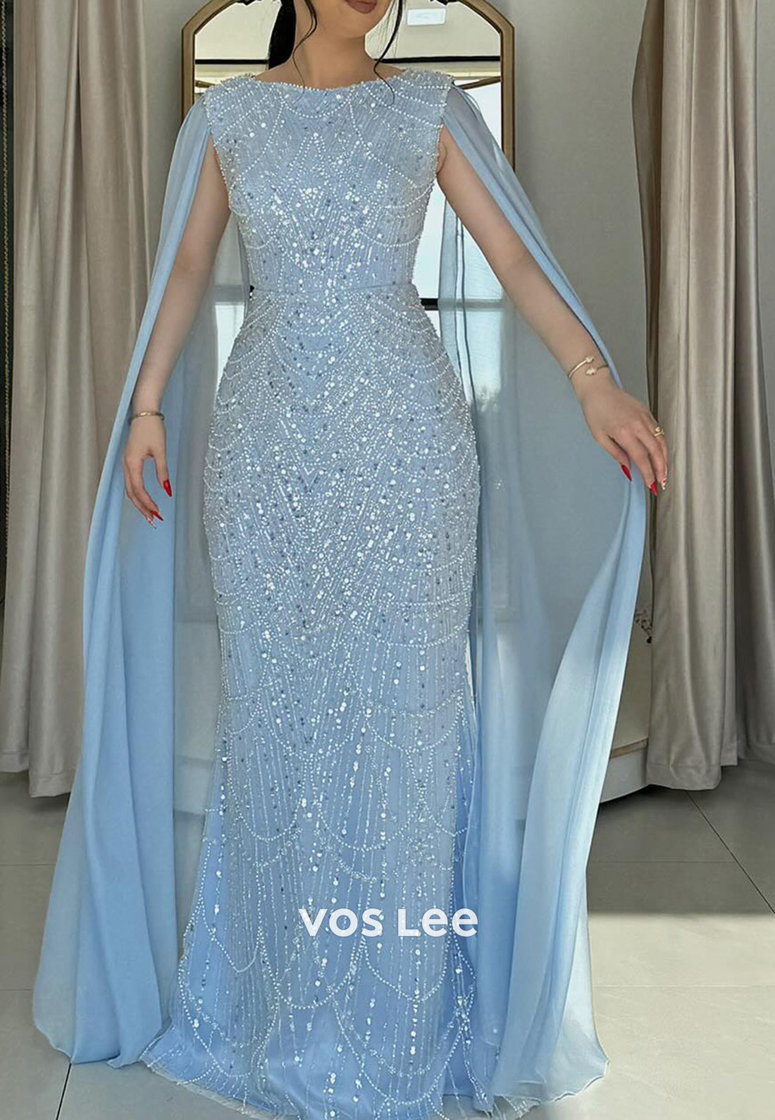 Elegant Scoop Column Floor-Length Beading Sequins Formal Evening Dresses