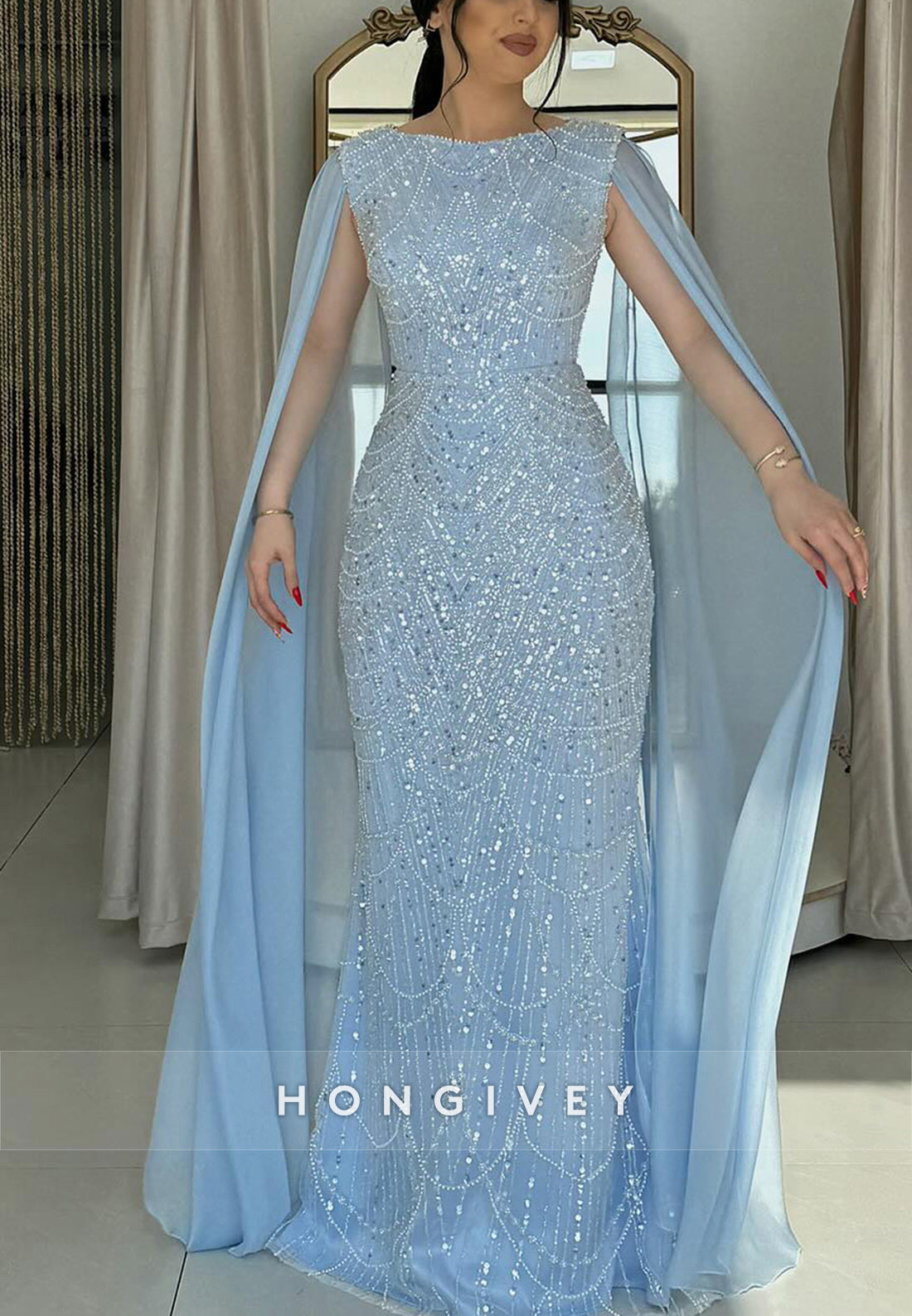 Elegant Scoop Column Floor-Length Beading Sequins Formal Evening Dresses