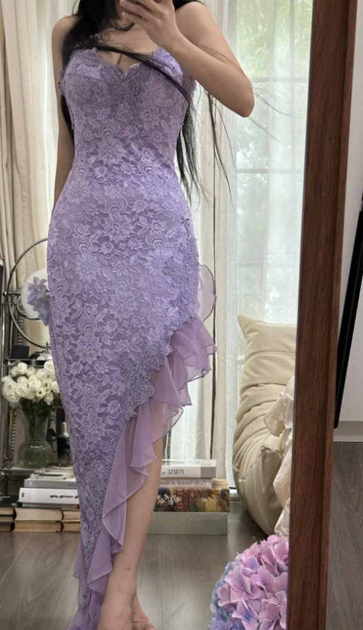 Pretty Spaghetti Straps Lavender V-Neck Lace Chiffon Ruffles Long Party Dress Birthday Dress - View 6 | FashionDia