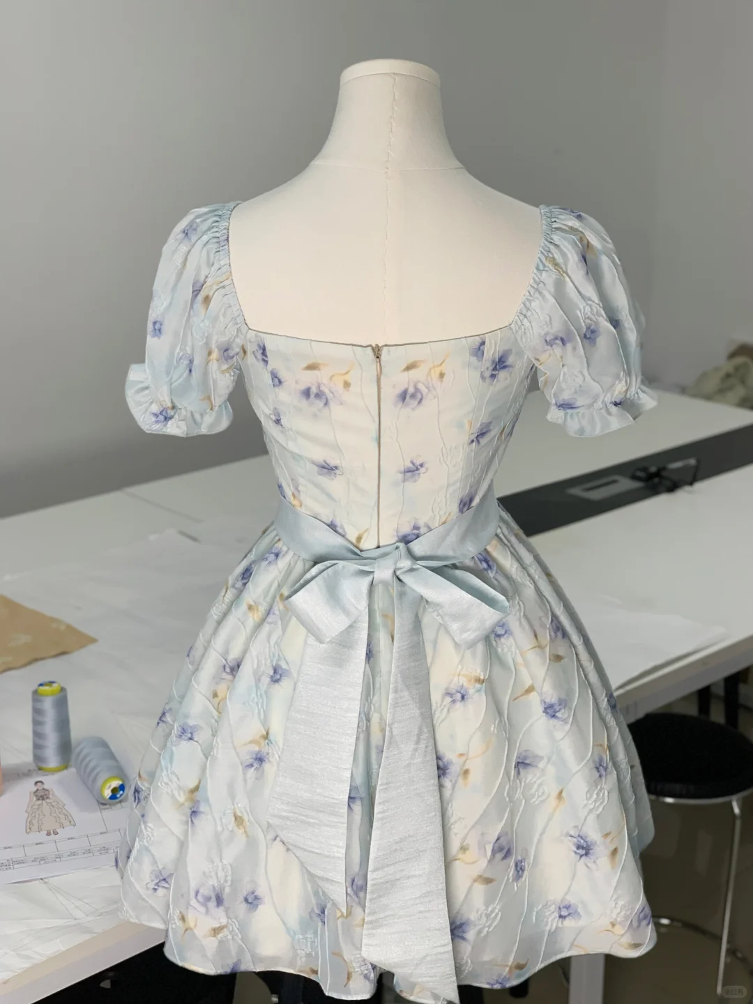 Cute Blue Chiffon Printed Floral A Line Short Prom Dress Formal Graduation Homecoming Dress D107