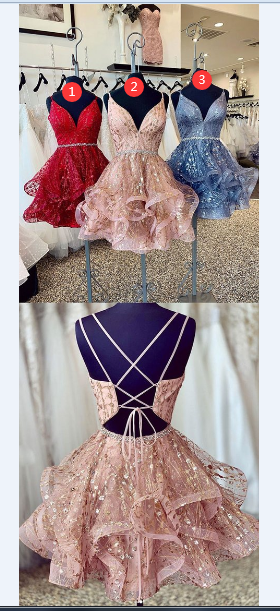 A-Line V-Neck Short Lace Prom Dresses, Cross Back Short Champagne Lace Formal Homecoming Dresses - FashionDia