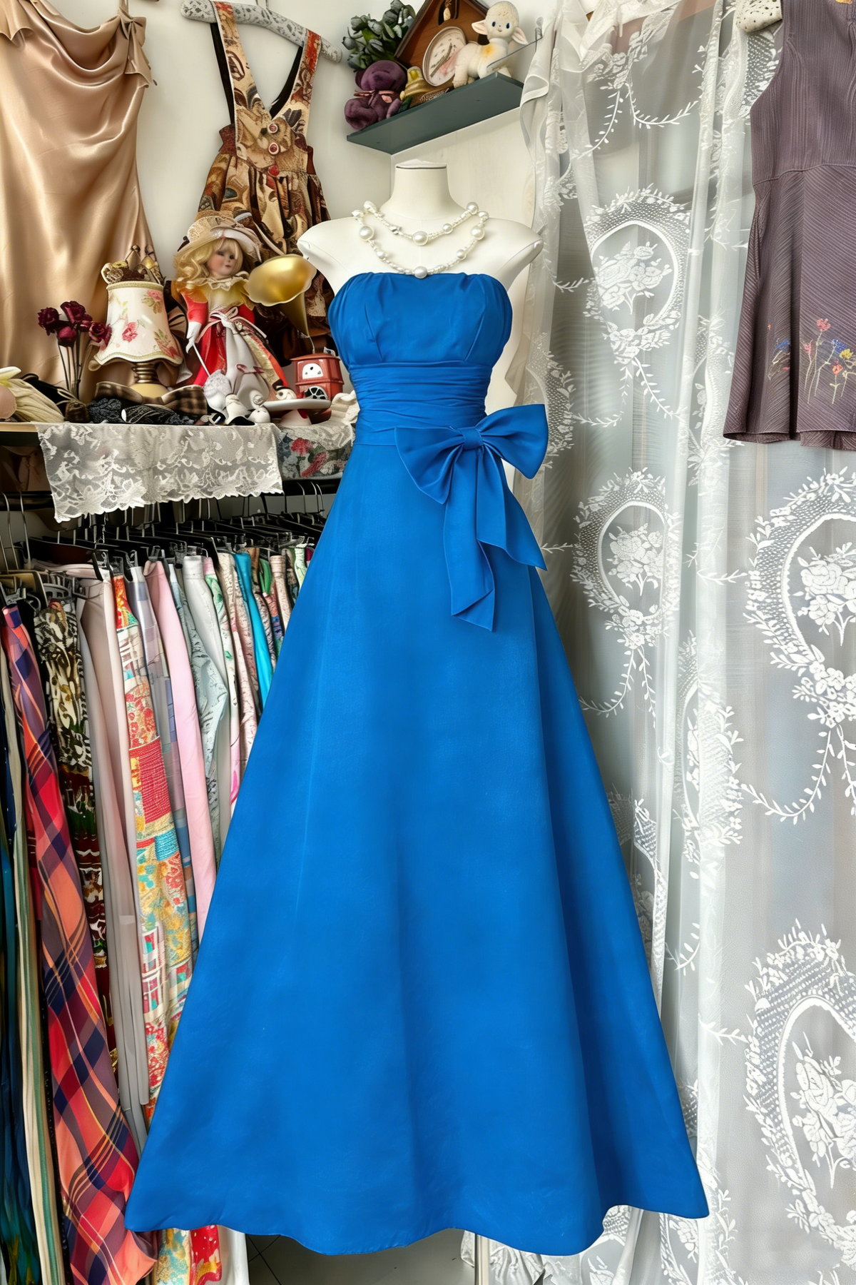 Elegant Navy Blue Strapless Satin Bow A-Line Long Wedding Guest Dress Party Dress - View 9 | FashionDia