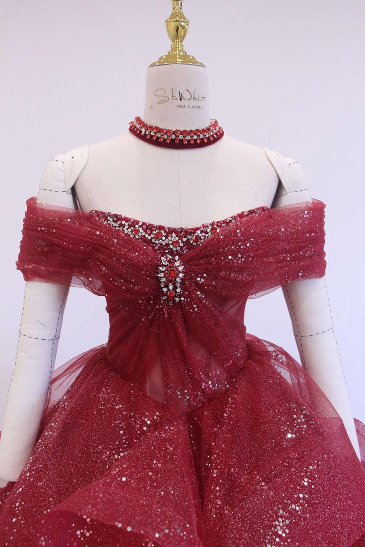 Glitter Off-Shoulder Evening Gown, Red Tulle Beaded Ball Gown Fairy Quinceanera Dress - View 5 | FashionDia