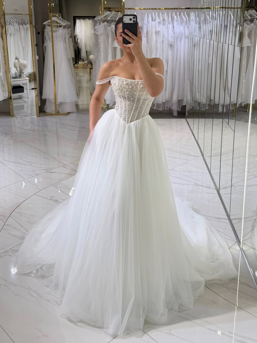 Beaded Corset Tulle A-Line Wedding Gown with Pearl Straps - VelvetHem
