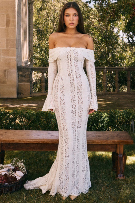 Lace Bustier Bell Sleeve Maxi Dress - VelvetHem