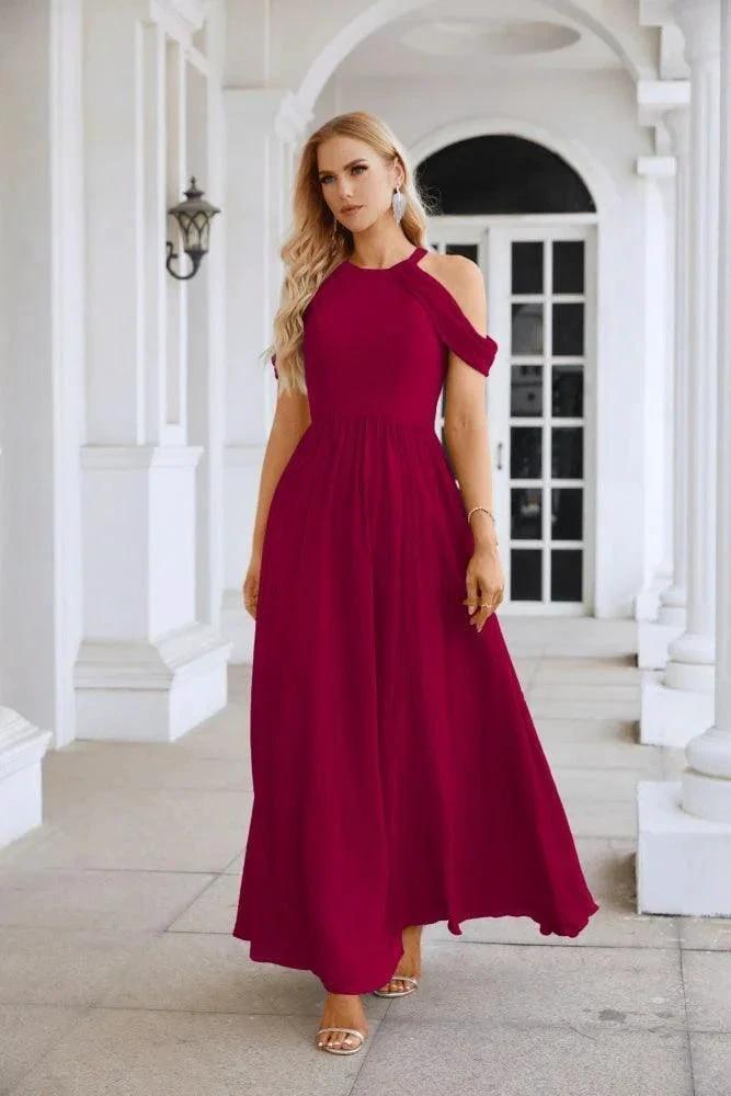 Ladies Chiffon Off Shoulder Swing Sleeve Front Slit Bridesmaid Evening Dress Wedding Party Evening Dress 28117 by numbersea
