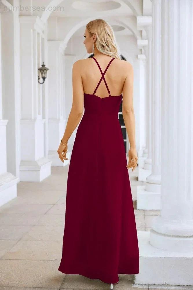 Ladies Chiffon Spaghetti Strap V Neck Front Slit Floor Length Bridesmaid Evening Dress Prom Party Wedding Evening Dress 28116 (ZD17012)