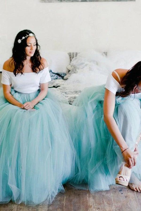 Two Piece Spaghetti Straps Sweep Train Mint Tulle Bridesmaid Dress (ZD13255)