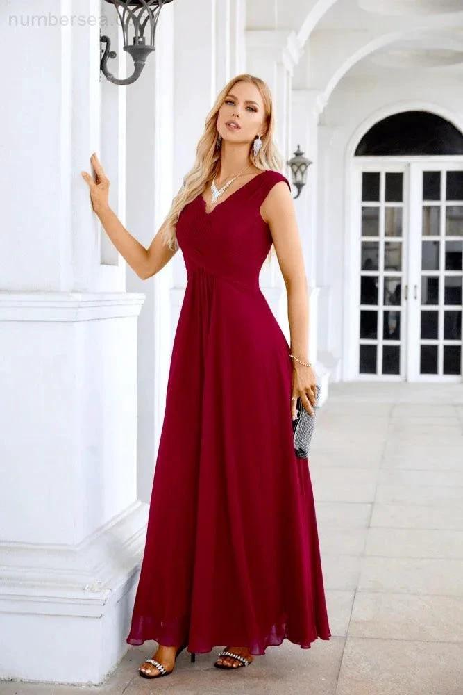 Ladies Chiffon V Neck Sleeveless Floor Length Bridesmaid Evening Dress Wedding Party Evening Dress 28126 (ZD16989)