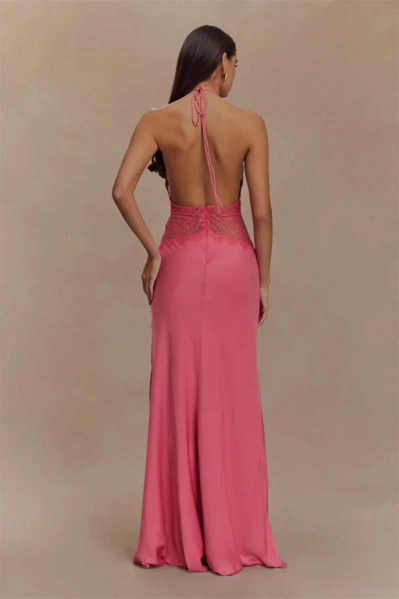 Lace Patchwork Backless Dress with Relaxed Fit and Streetwear Style
