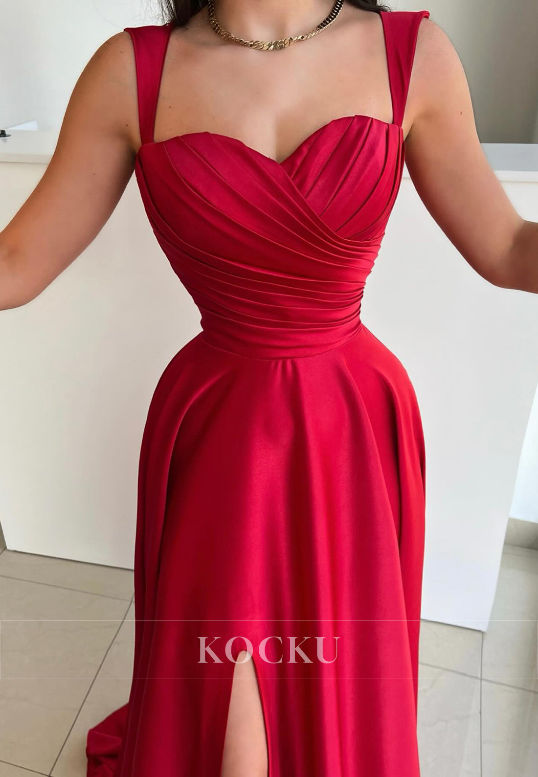 L3091 - Classic & Timeless Straps Sweetheart A-Line Satin Evening Party Prom Dress With Split
