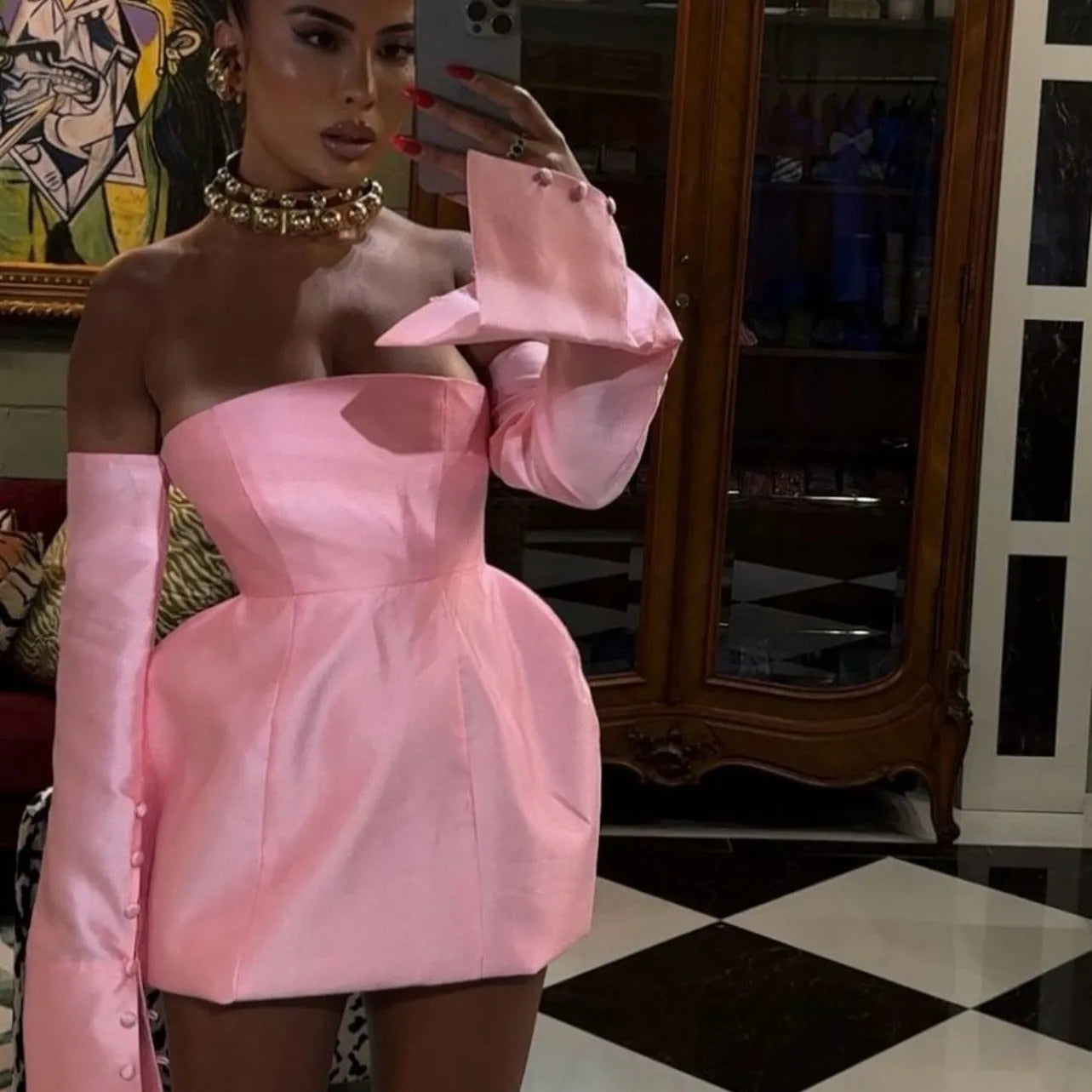 Elegant Sexy Short Evening Dresses A-Line Long Sleeves Prom Dresses Mini Length Formal Prom Gowns Party Gown For Women Pink