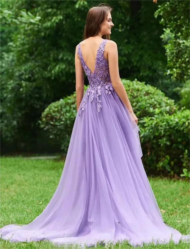 bestidos de gala A Line Lilac Lace Appliqued Evening Dress V Neck Special Occasion Formal Party Long Prom Gowns
