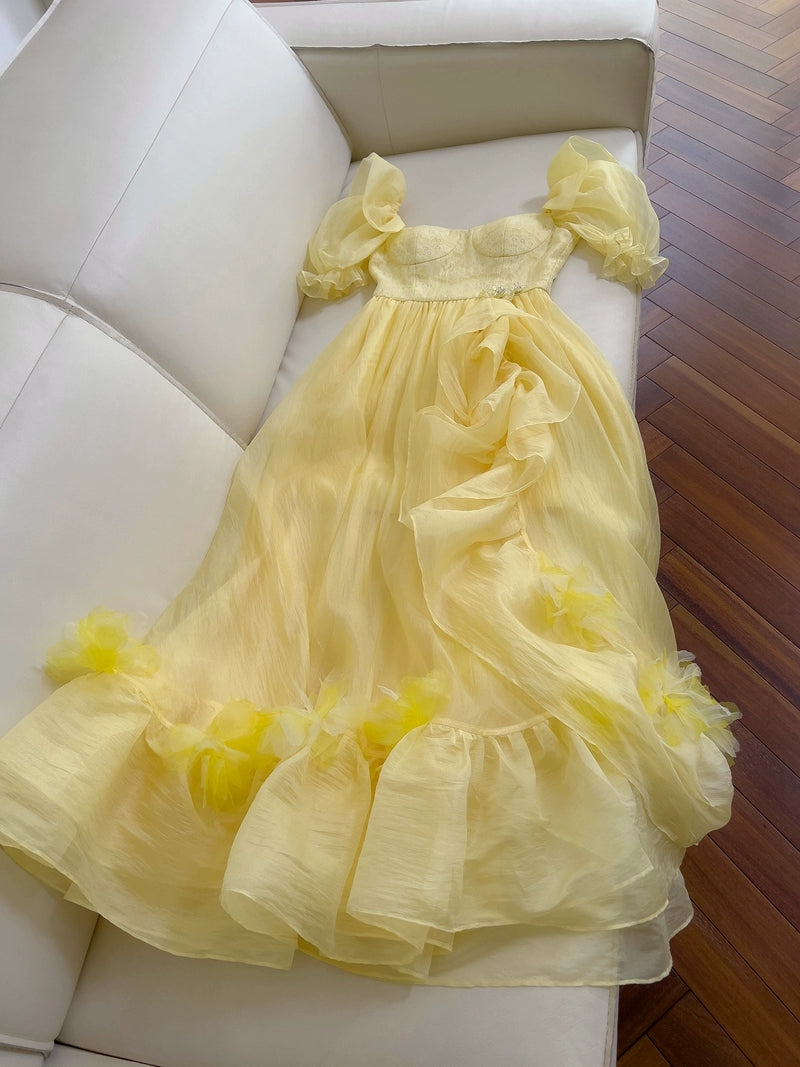 A Line Yellow Long Prom Dress Ruffle Short Sleeves Evening Gown J8607