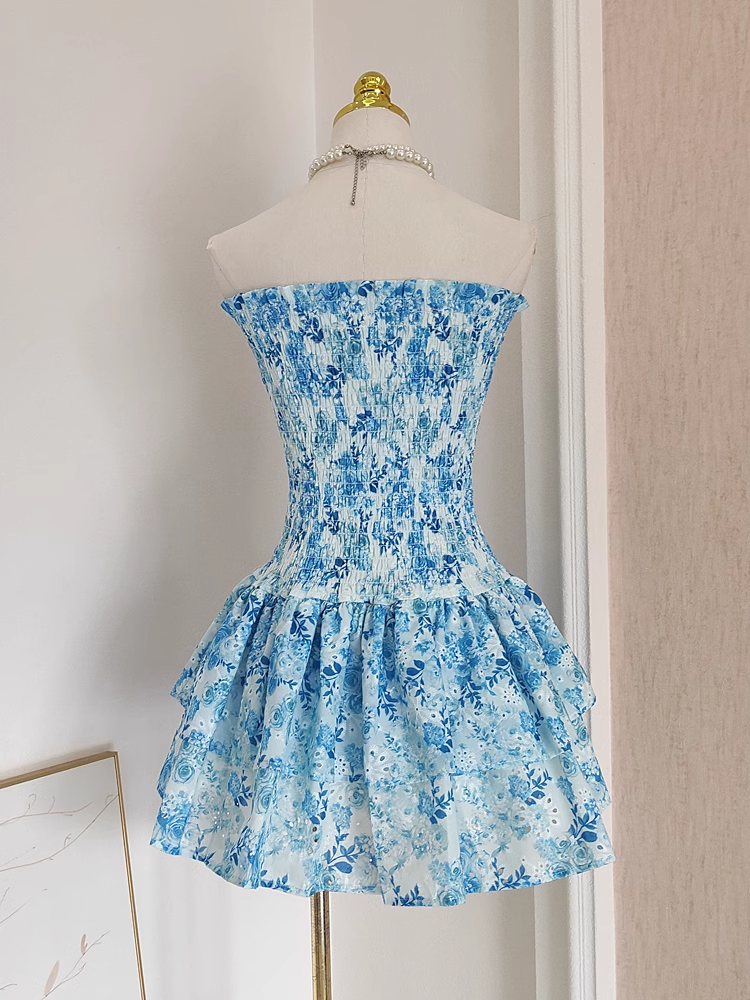 Cute A-Line Strapless Sleeveless Blue Floral Party Dress Short Birthday Outfits - View 3 | FashionDia