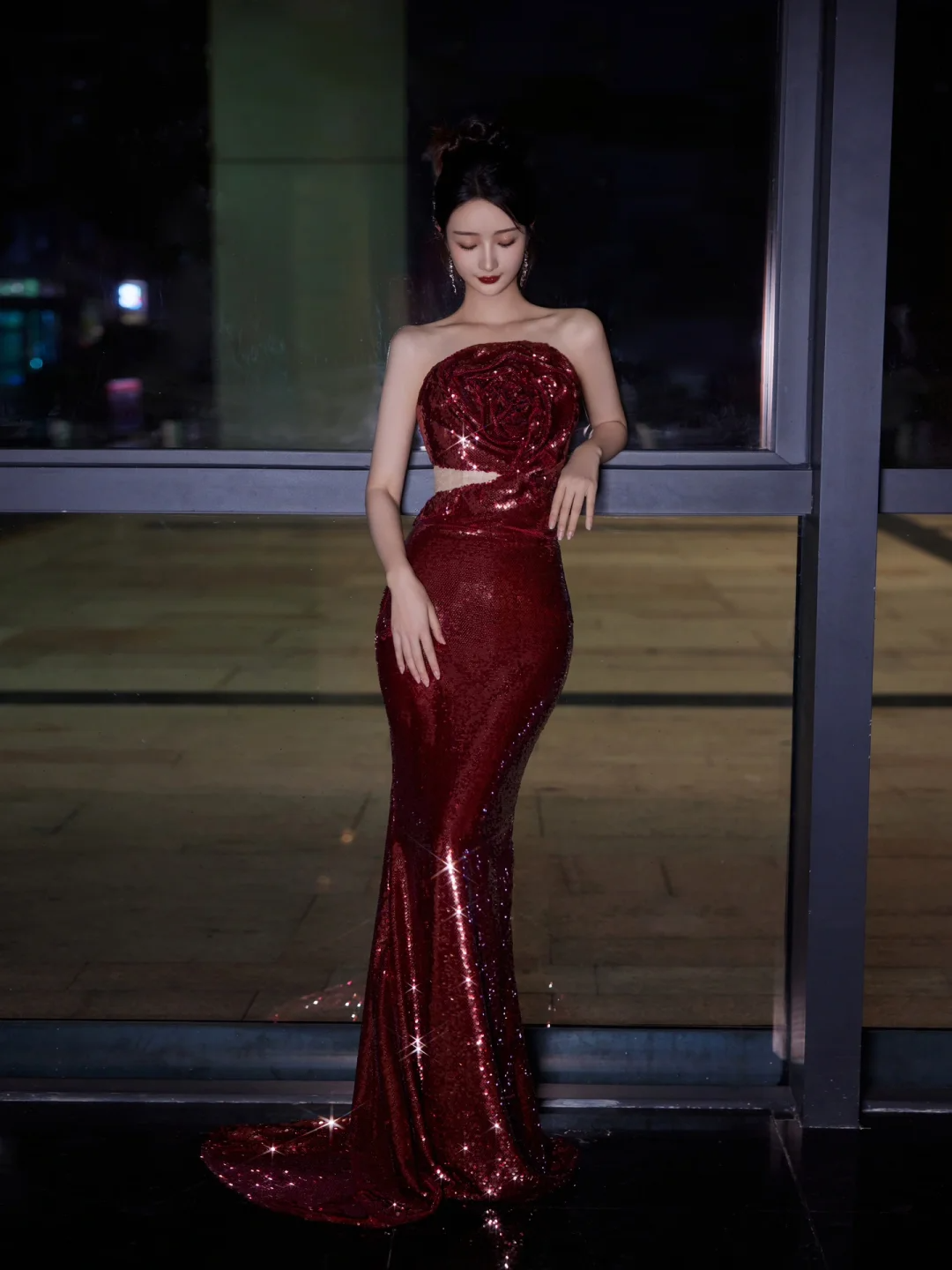 Burgundy Strapless Sequin Rose Flowers Prom Dress Mermaid Long Evening Dress Y8595 - View 3 | VelvetHem