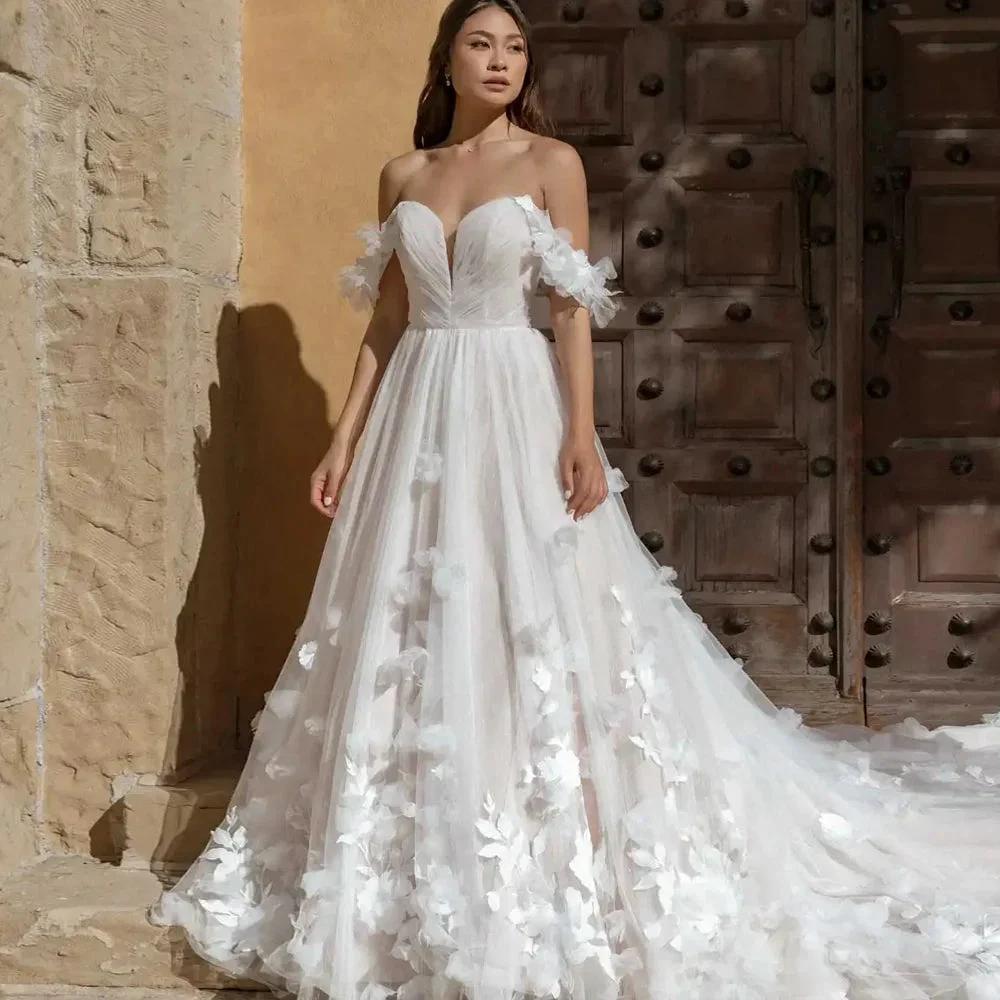 Whimsical Tulle Ballgown Wedding Dress With 3D Flowers And Off the Shoulder Straps Sweetheart Custom Made For Women (ZD13554)