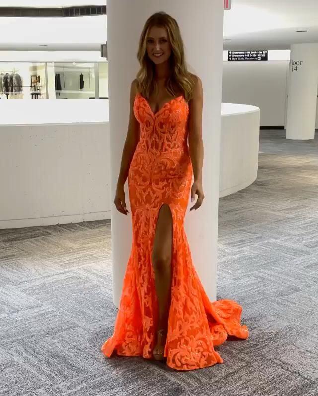 Beautiful Sheer V-Neck Orange Prom Dress Lace Applique Orange Evening Dress - View 2 | FashionDia