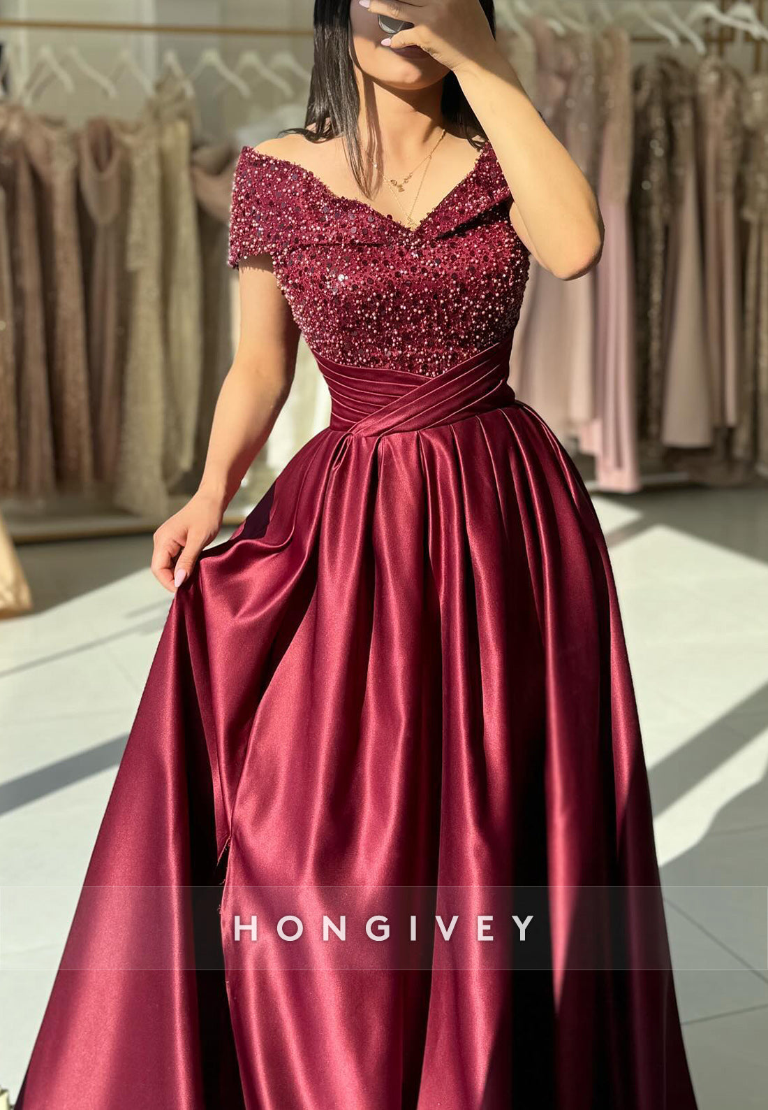 Burgundy Princess Court Train Sequined V Neck Pleated Evening Gowns